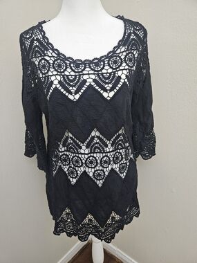 Rima Beach world Women's Black Crocheted 3/4 Bell Sleeve Cover Up Size M